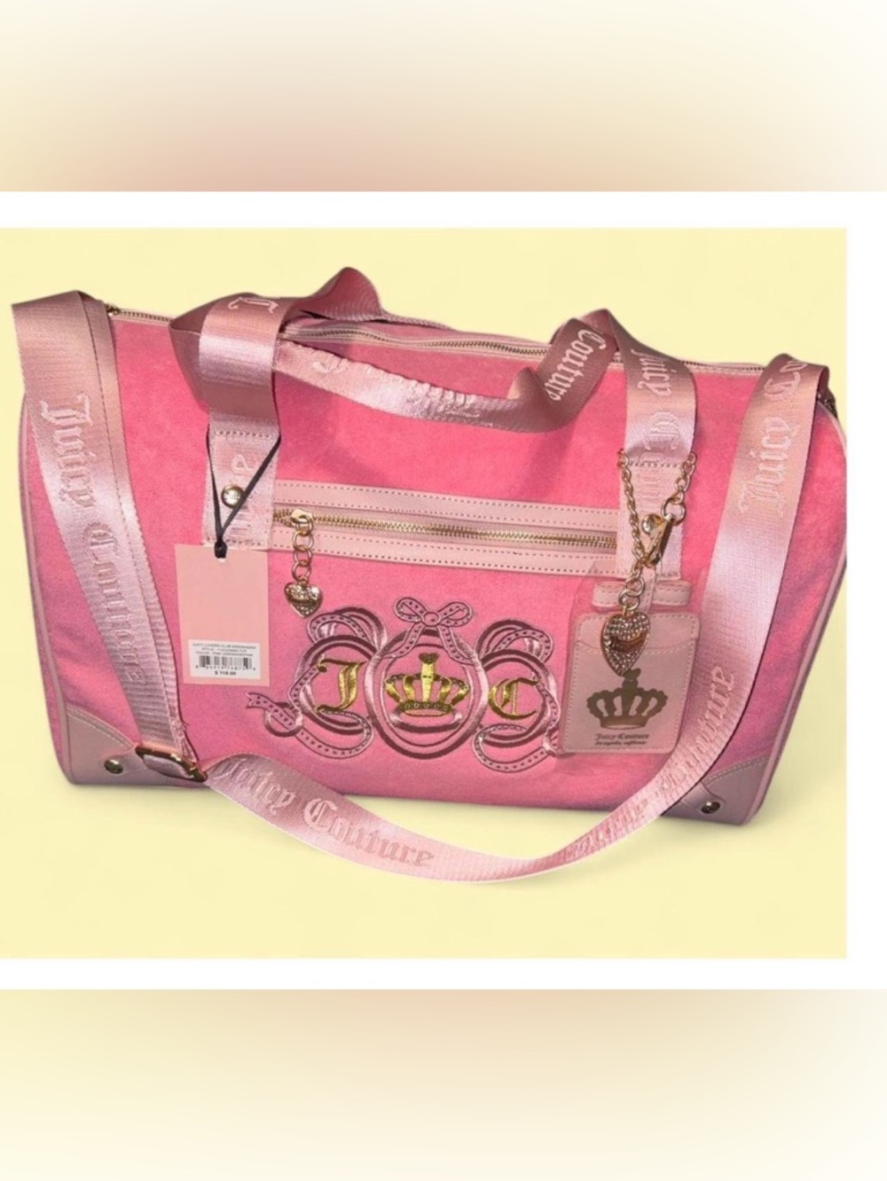 Juicy Couture Pink Velour Travel Duffel with Gold Accents